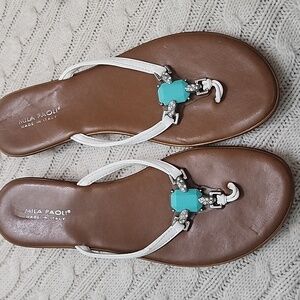 Mila Paoli White Sandals with Turquoise Accent